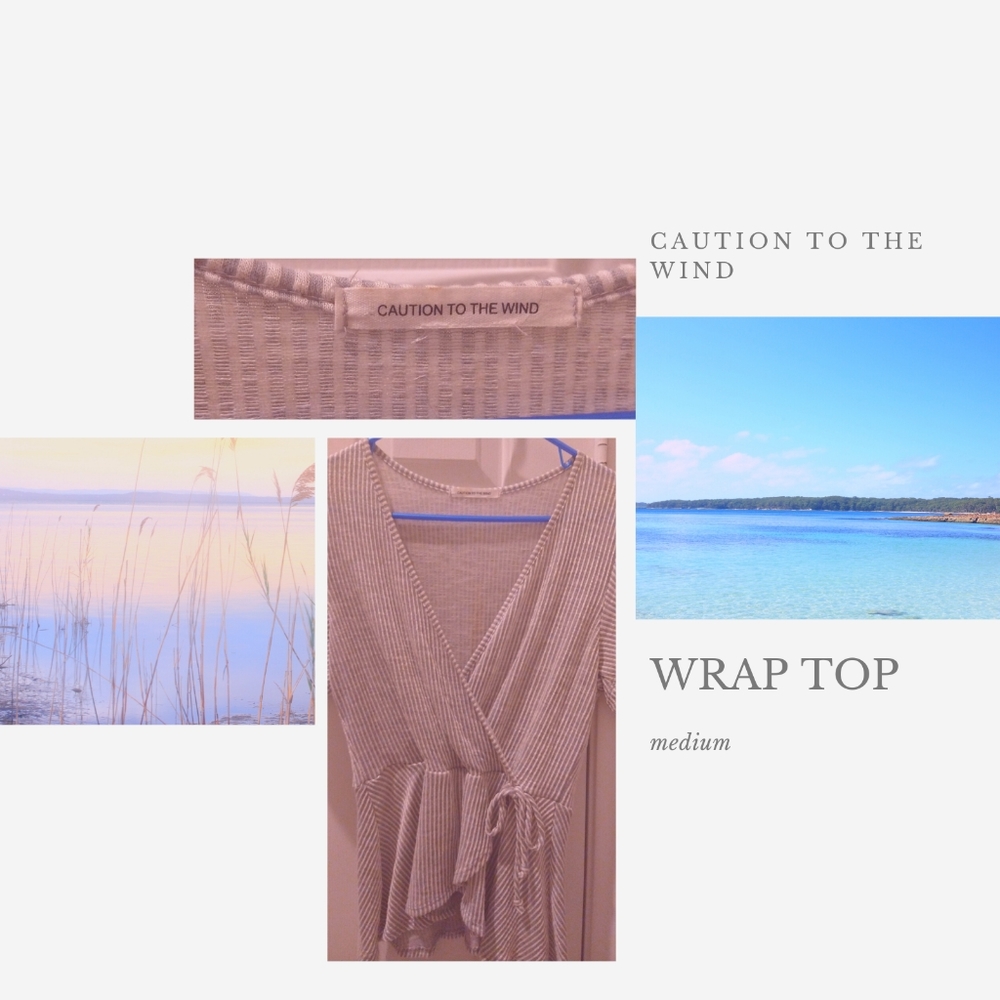 Soft gray and white wrap top